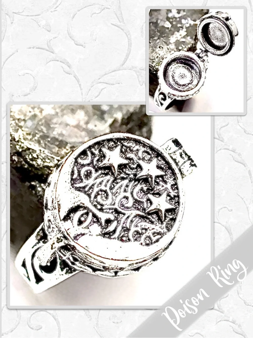 Moon & Stars Eclectic Artisan Poison Ring, Size 7.25, 7.5, 8.25 (Silver / Black)